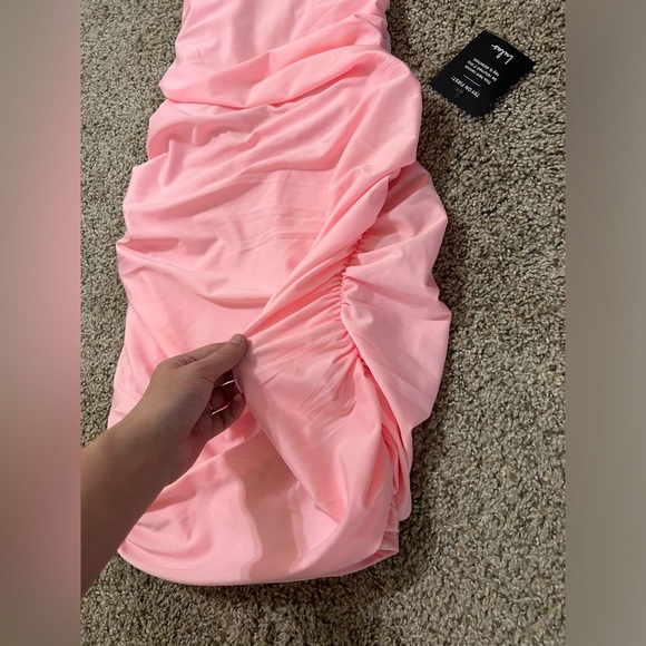 NWT Lulus Confident Allure Light Pink Ruched Lace-Up Bodycon Mini Dress Size L - Picture 5 of 10